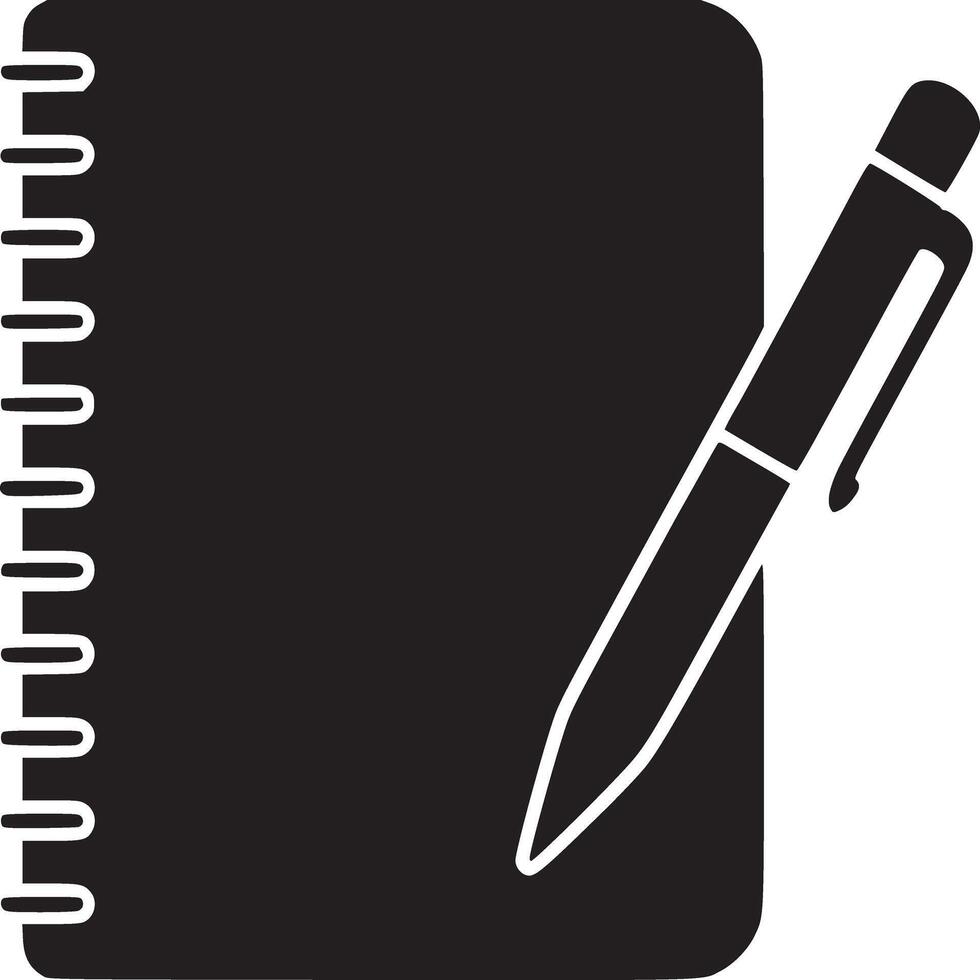 A black and white image of a notebook with a spiral binding and a pen resting on the notebook cover vector
