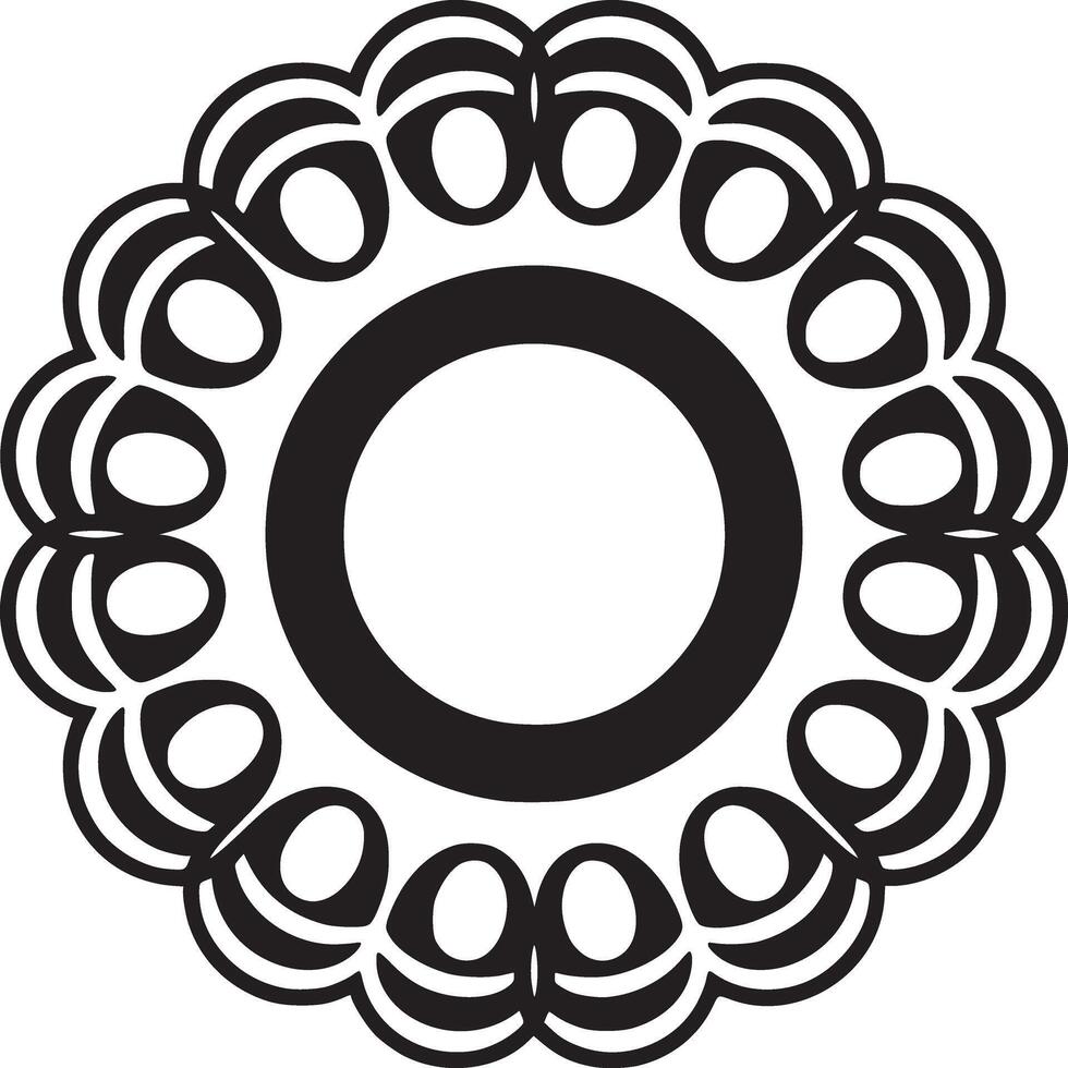 A black and white circular design with repeating scalloped shapes around a central ring element art vector