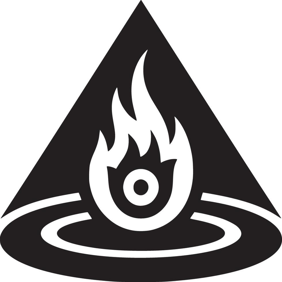 A black and white graphic of a flame inside a triangle with a circle and curved lines below it vector