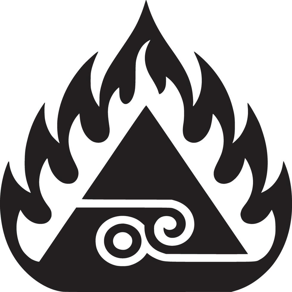 A black and white graphic with a triangle inside of a flame shape and a swirl design inside it too vector