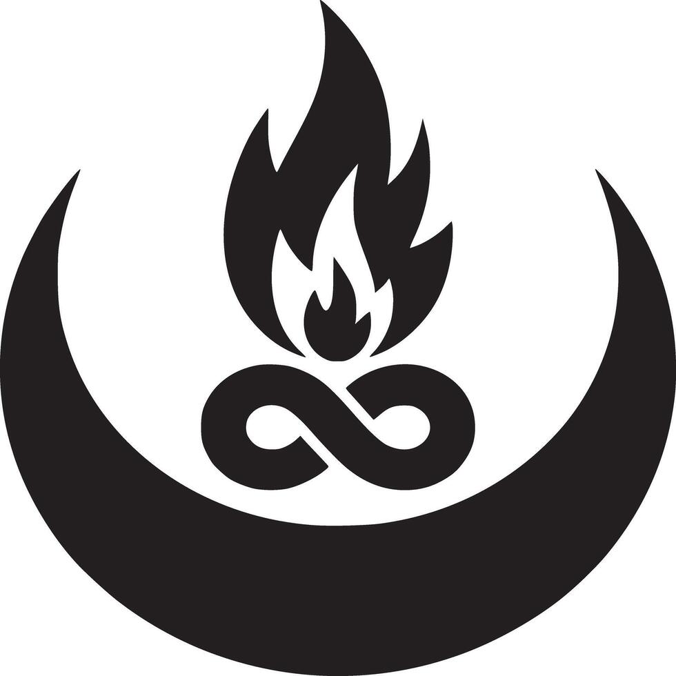 A graphic design of a black crescent moon with an infinity symbol and flame on a white background vector