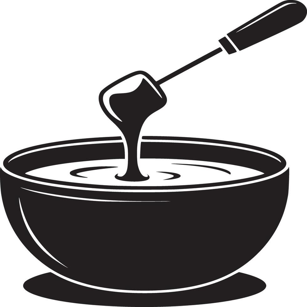 Black and white illustration of a bowl with liquid and a tool dipping into it on a white background vector