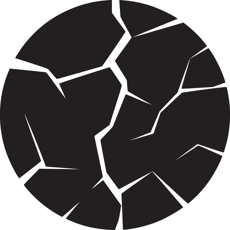 A black circle with multiple white cracks radiating from the center on a white background design art vector