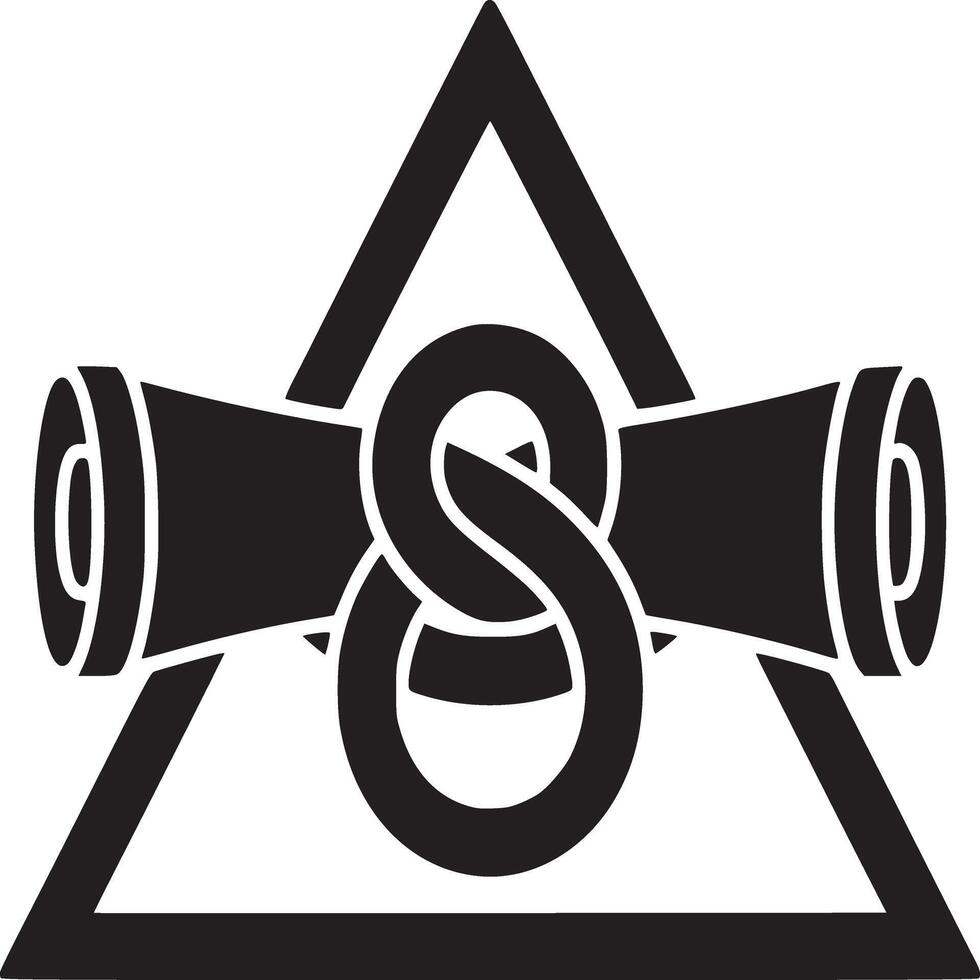 A black and white emblem featuring a triangle, scrolls, and a looped figure eight design element vector