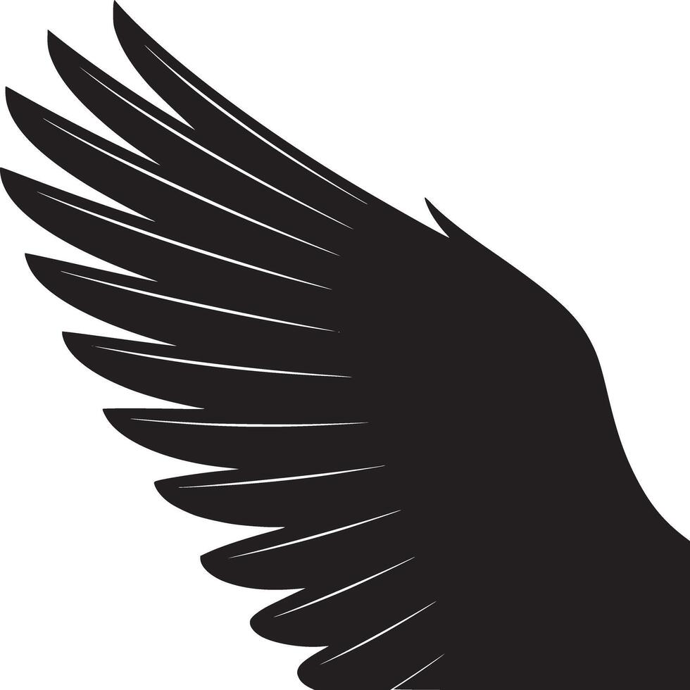 A stark black and white image depicting a wing with feathers extending from the upper right corner vector