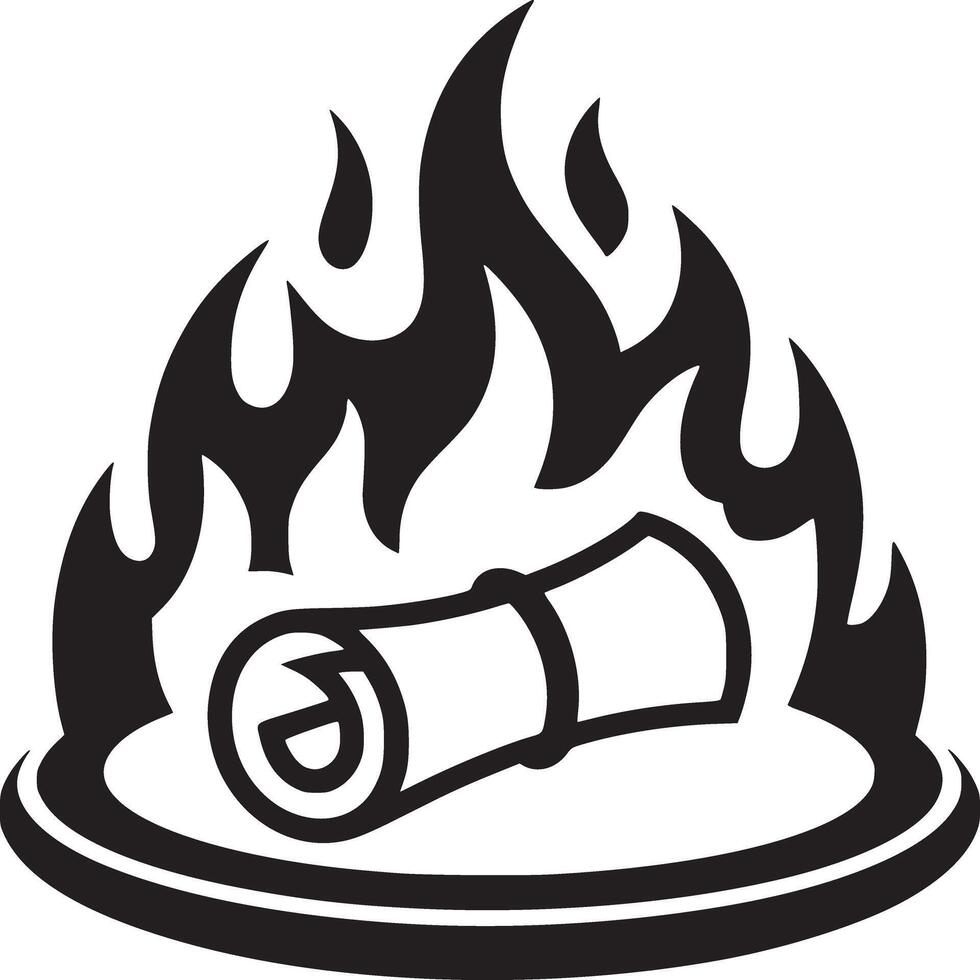 Black and white graphic illustration of a scroll engulfed in flames on a circular platform vector