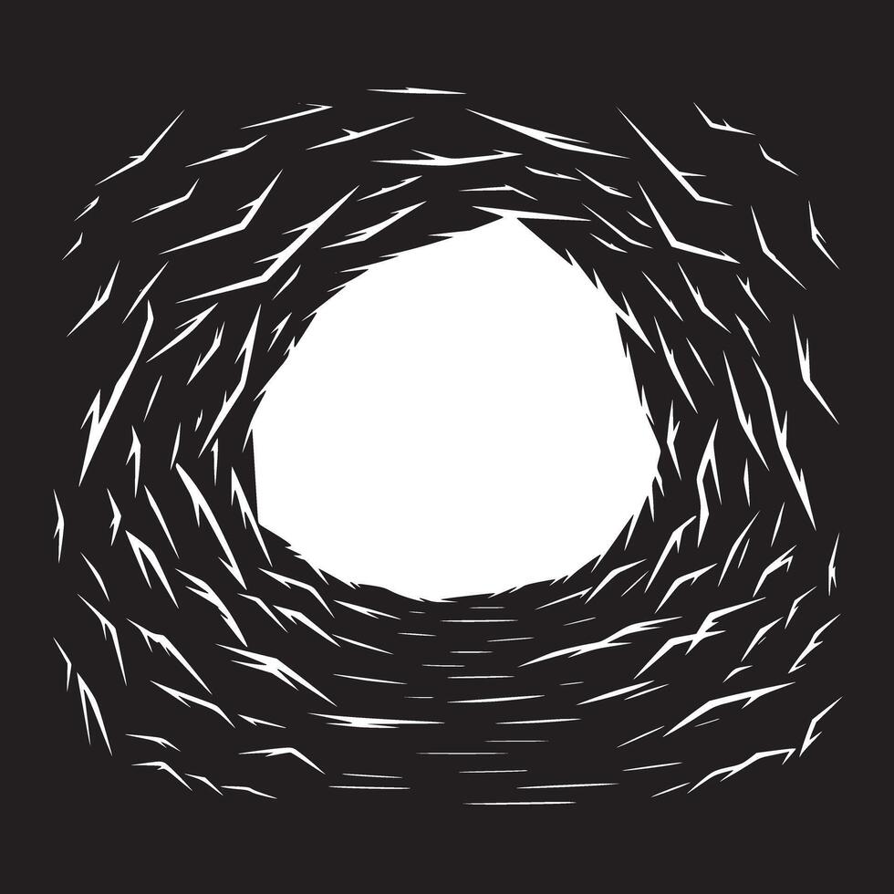 Abstract tunnel with white light at the end created with jagged white lines on a black background vector