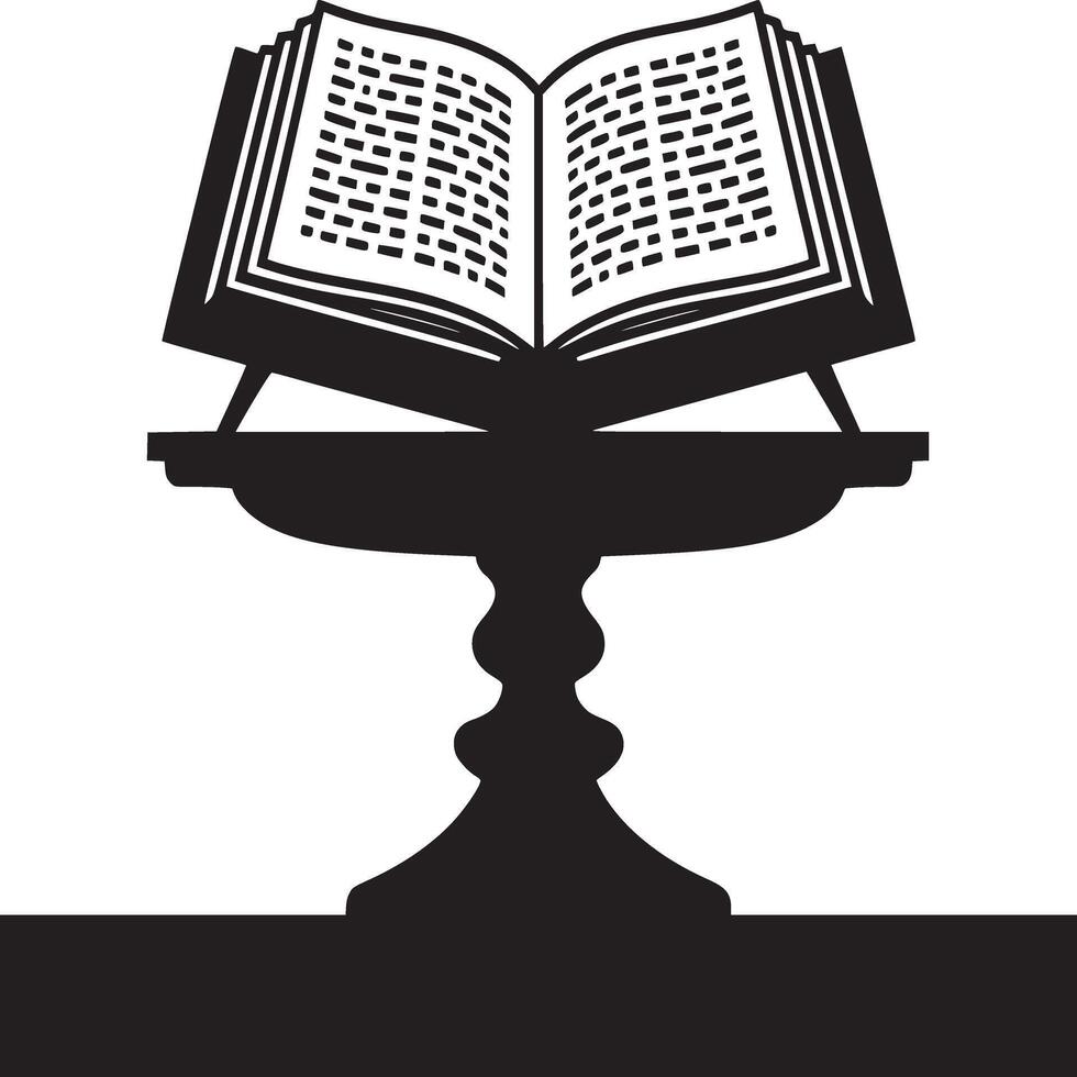 Open book with abstract text on a dark stand silhouette against a white background illustration vector