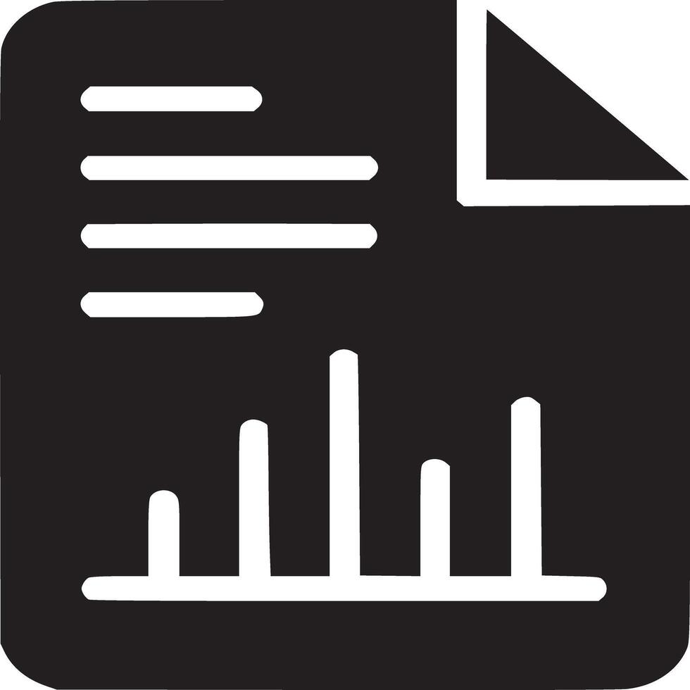 Black document icon with a folded corner and a bar graph on a white background isolated object vector