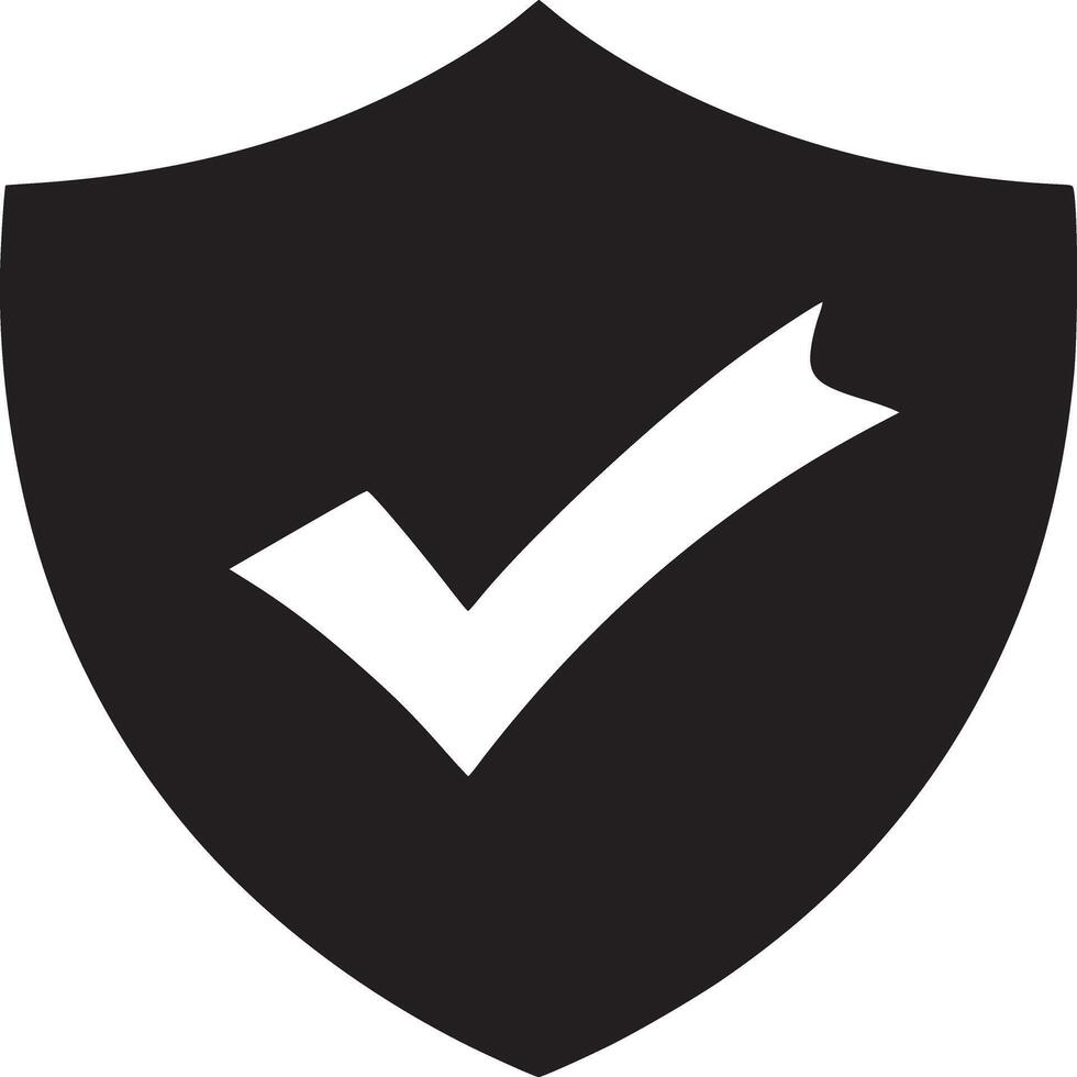 Black shield with a white check mark in the center on a white background in a simple minimalist style vector