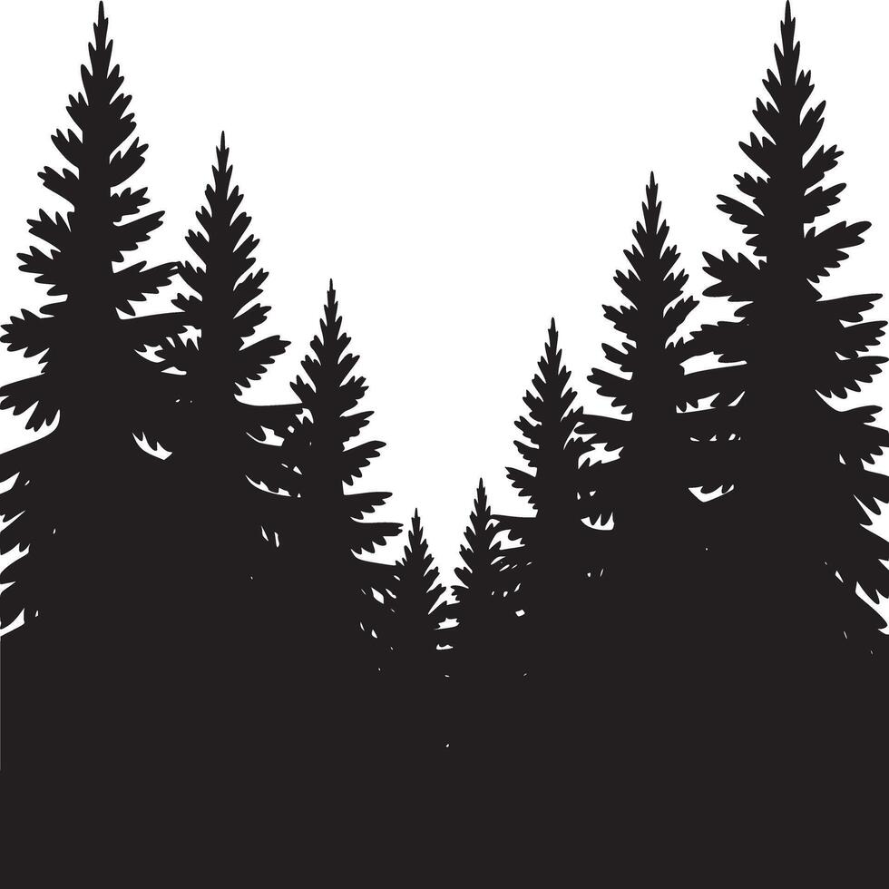 Silhouette of a dense forest with evergreen trees against a plain white background in a simple design vector