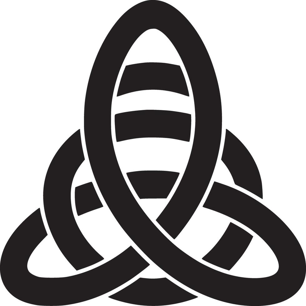 A black triquetra knot with horizontal lines on a white background in a symmetrical design vector