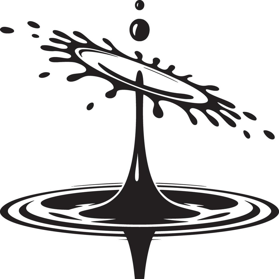 Black and white image of a water drop collision with ripples and splash effect in minimalist style vector