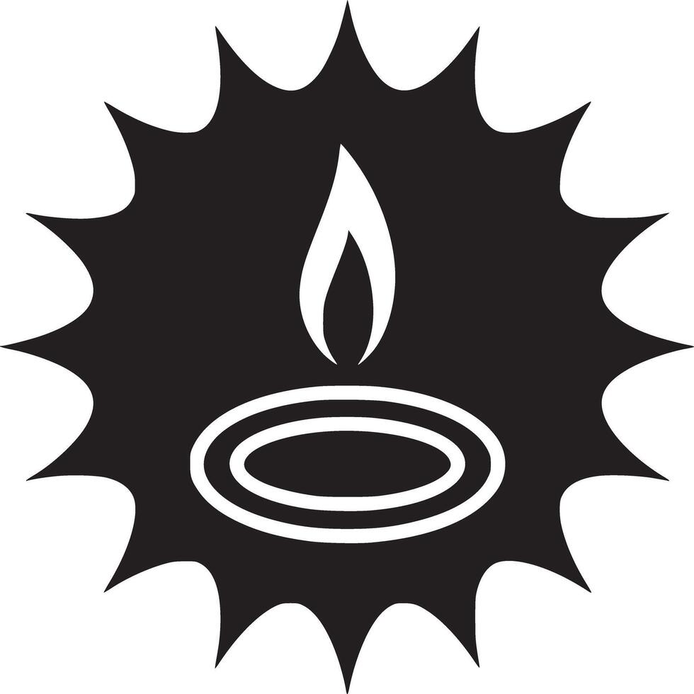A simple black and white graphic of a candle flame with a jagged edged circular background shape vector