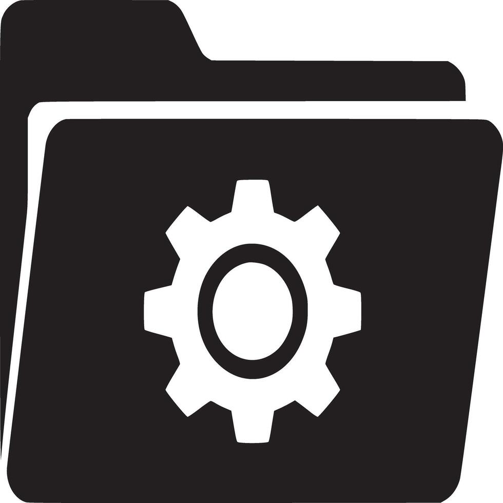A black and white illustration of a folder icon with a gear in the middle of the folder icon vector