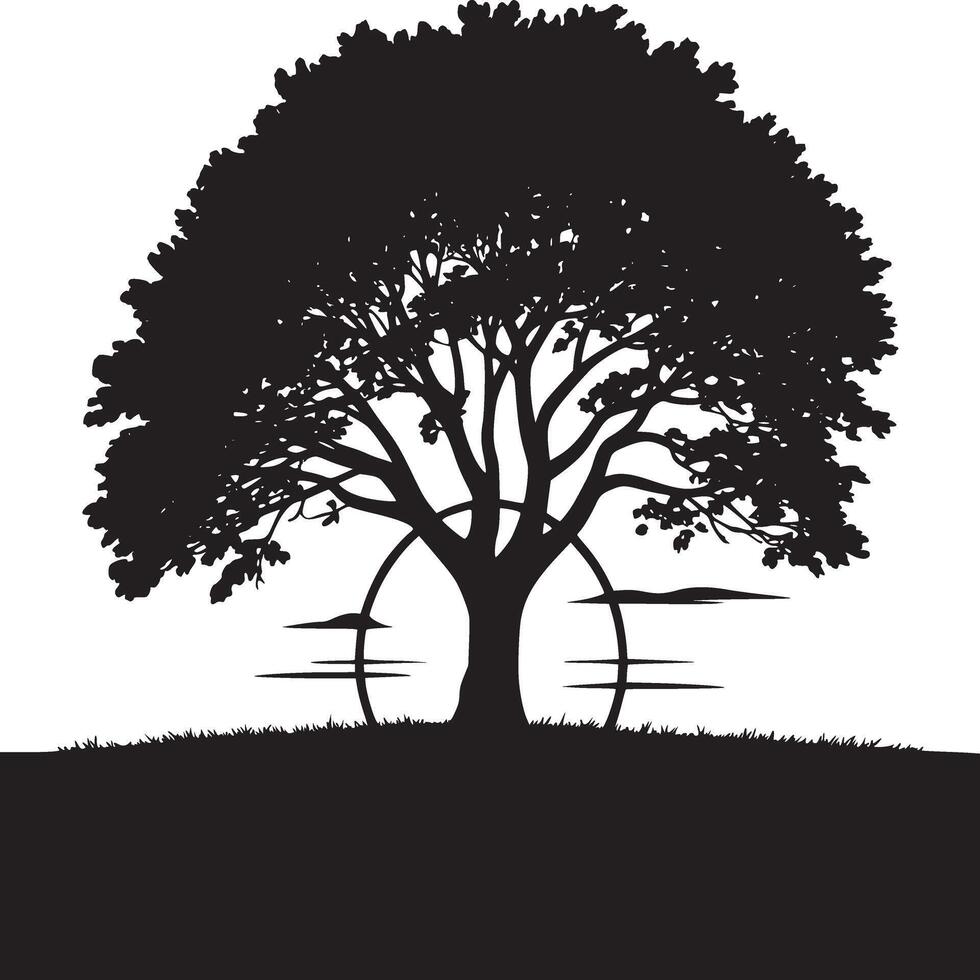 A silhouette of a large tree with a full canopy and a circular design behind it on a white background vector
