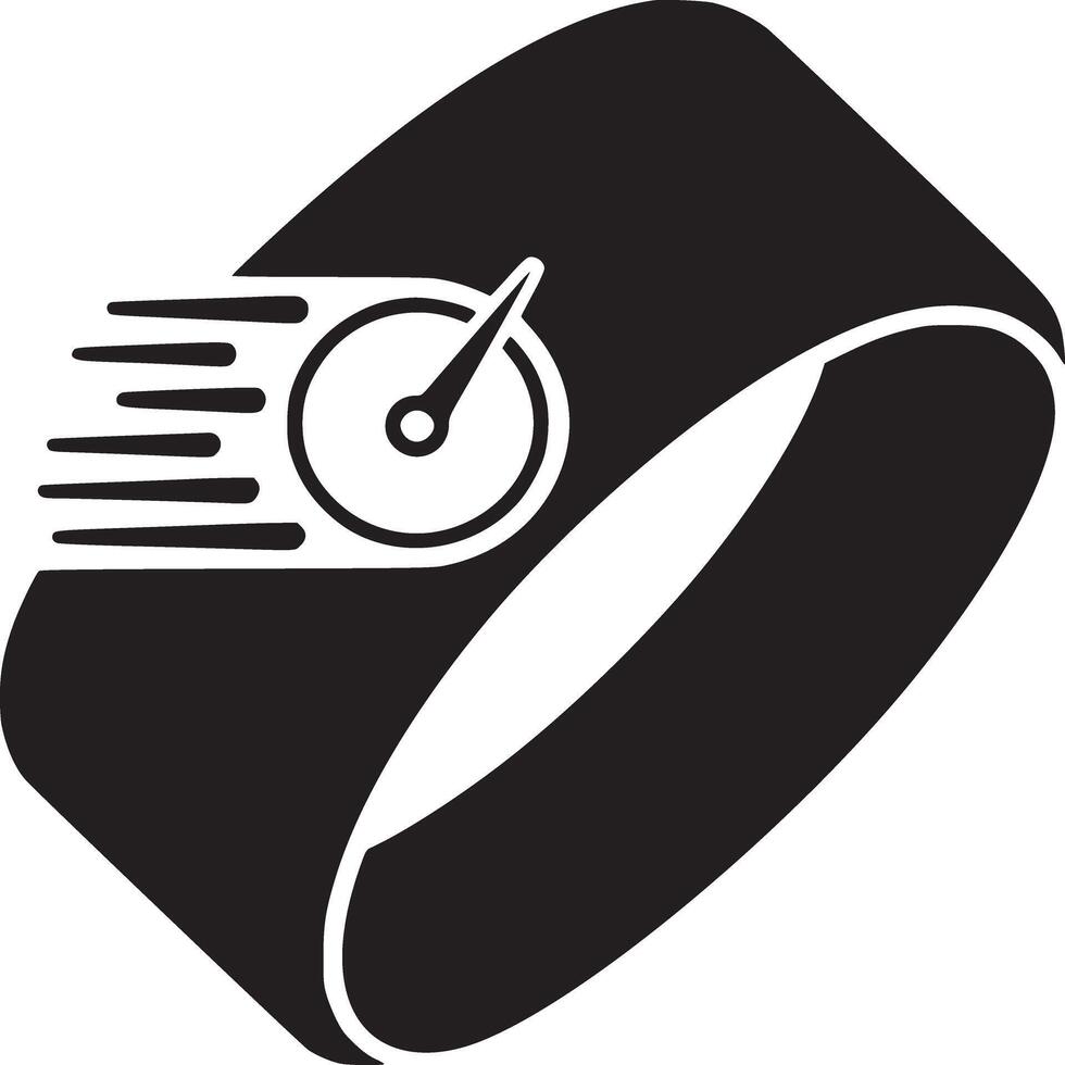 A black and white graphic of a fitness tracker with a speedometer icon indicating speed and motion vector