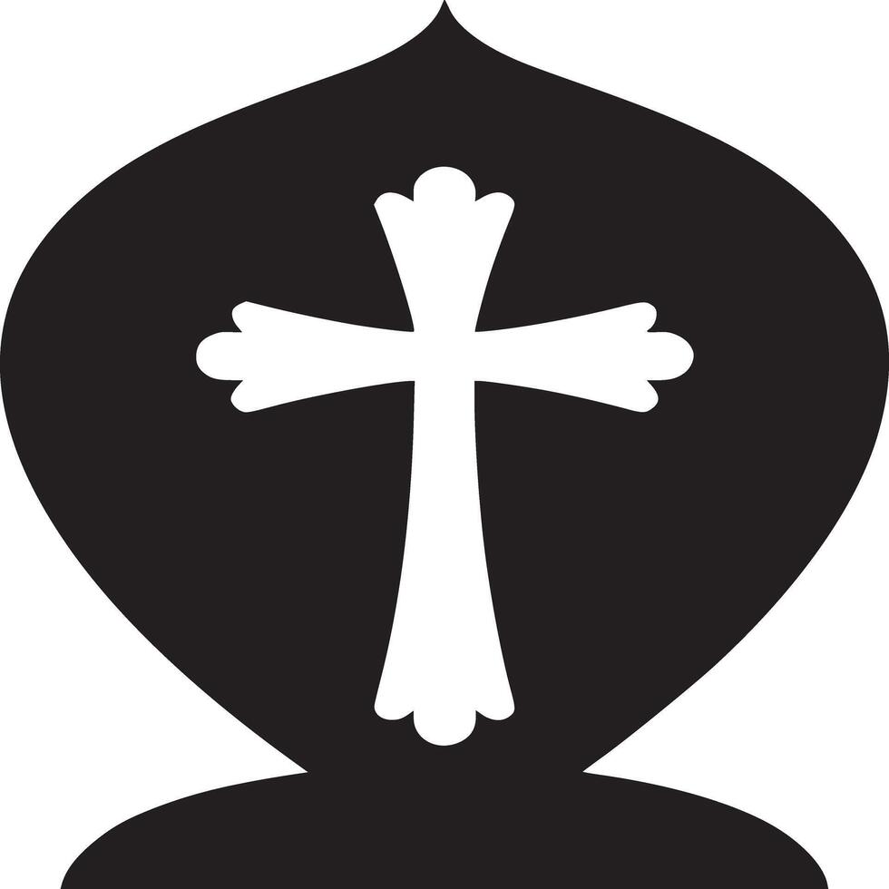 A simple black and white illustration of a christian cross inside a bishop's mitre shape design vector