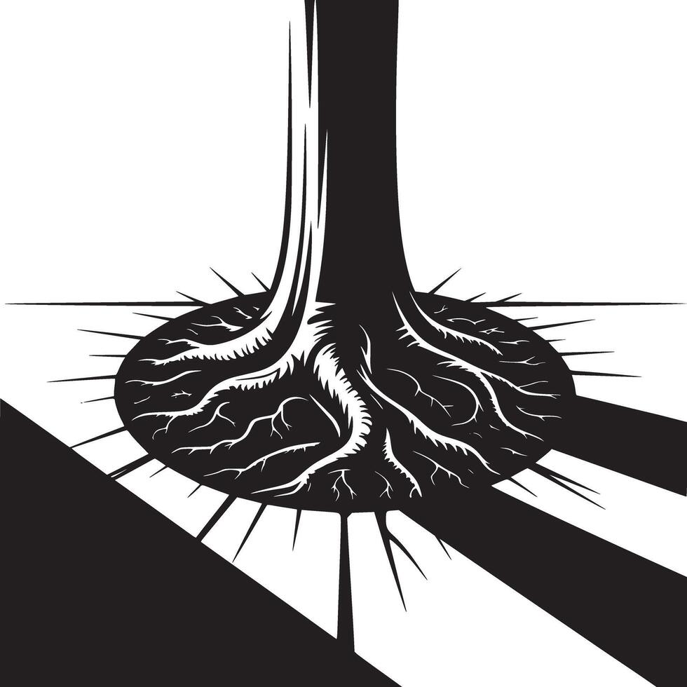 Monochrome illustration of a tree trunk with roots and sharp spikes in a graphic design style vector