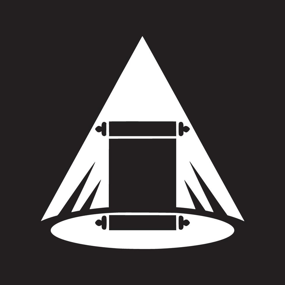 A black and white graphic of a scroll under a triangular light source on a black background design vector