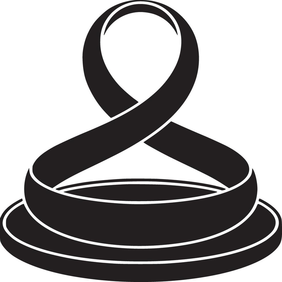 A black ribbon forming a loop on a circular base against a white background in a minimalist style vector
