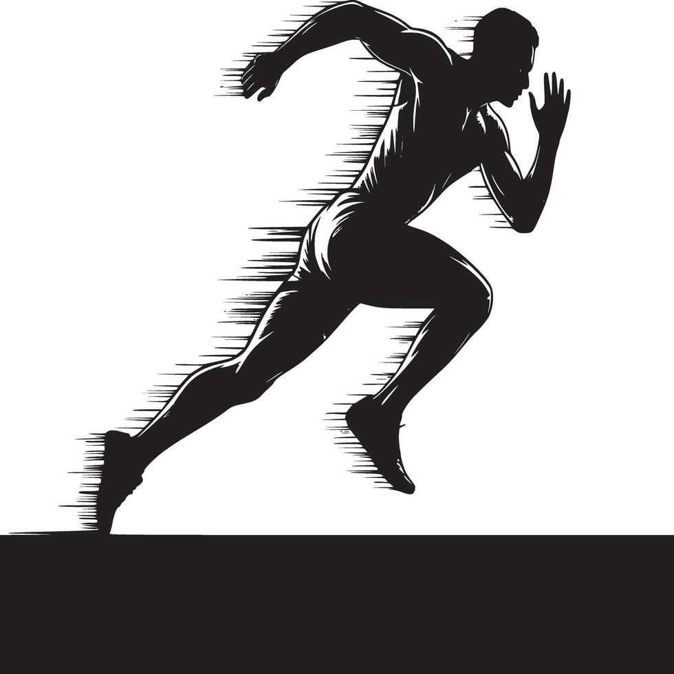 Silhouette of a man running with motion lines on a white background with black horizontal bar below vector