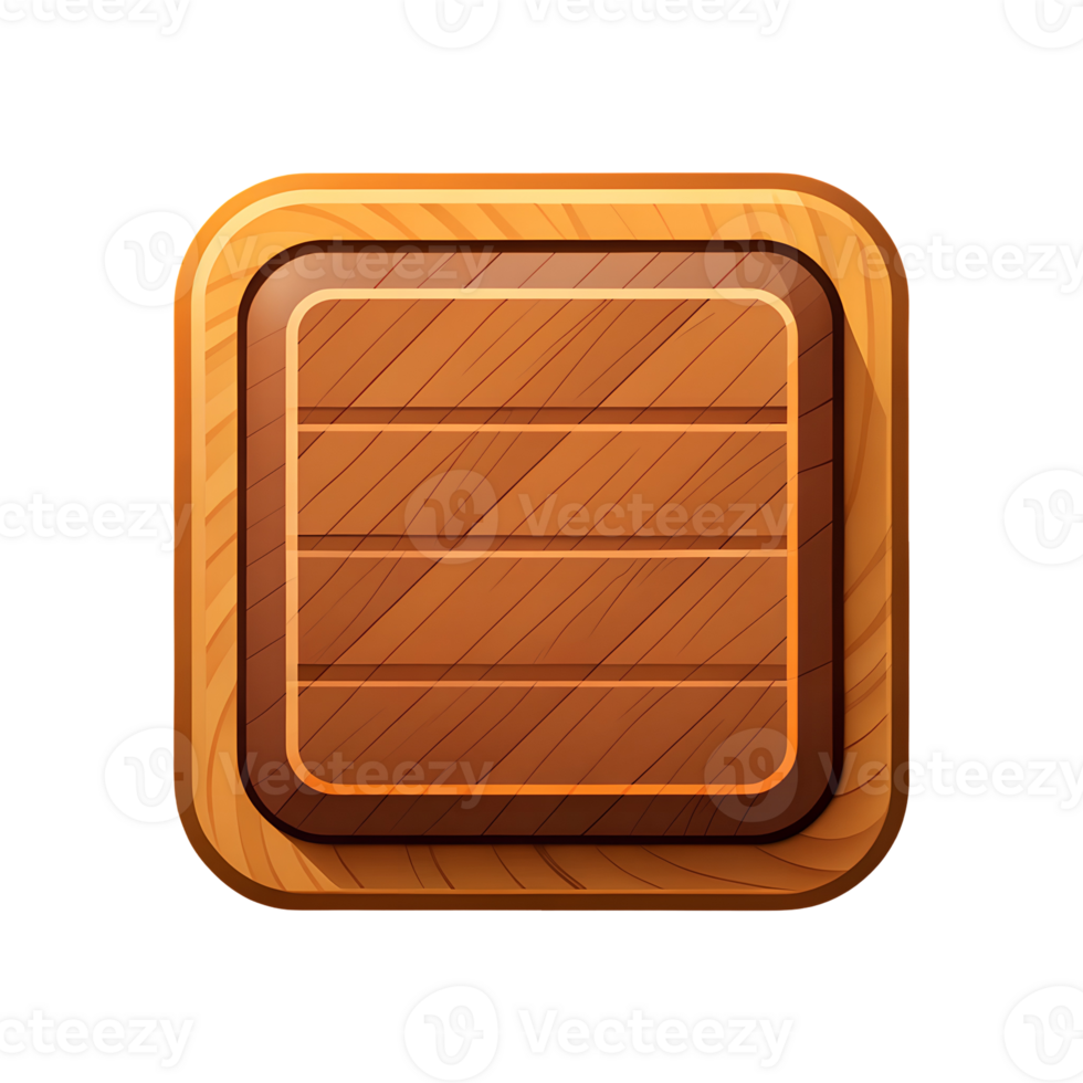 Rustic Wooden Square Sign, Blank App Icon, Game UI Element, Warm Brown Tones, Downloadable Image, Perfect for Design Projects, Rustic Texture, Charming Wooden Frame, Isolated on Transparent Background png