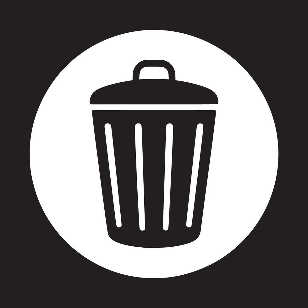 A black and white graphic of a trash can inside of a white circle on a black background design icon vector