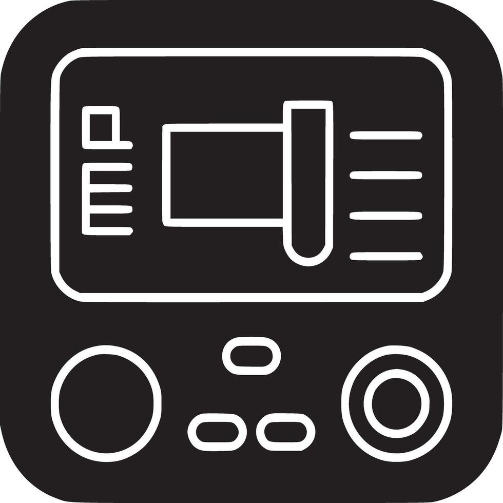 A black and white illustration of a device with a screen and several buttons and a rounded square shape vector