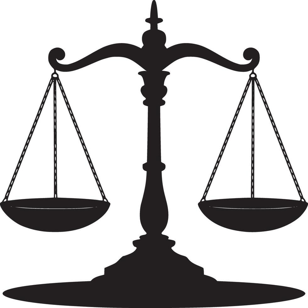 A black silhouette of a balance scale with two pans hanging from chains on a white background image vector