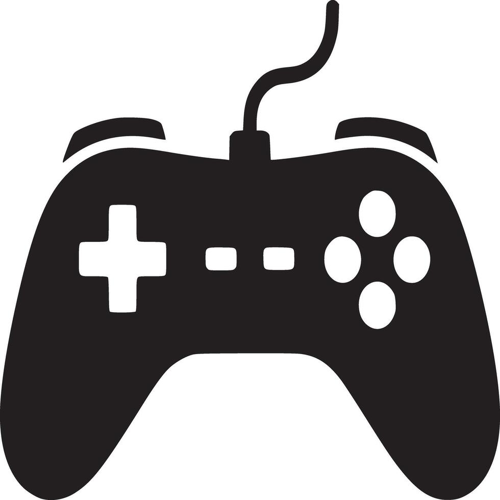 A black and white graphic illustration of a classic game controller with a wired connection vector