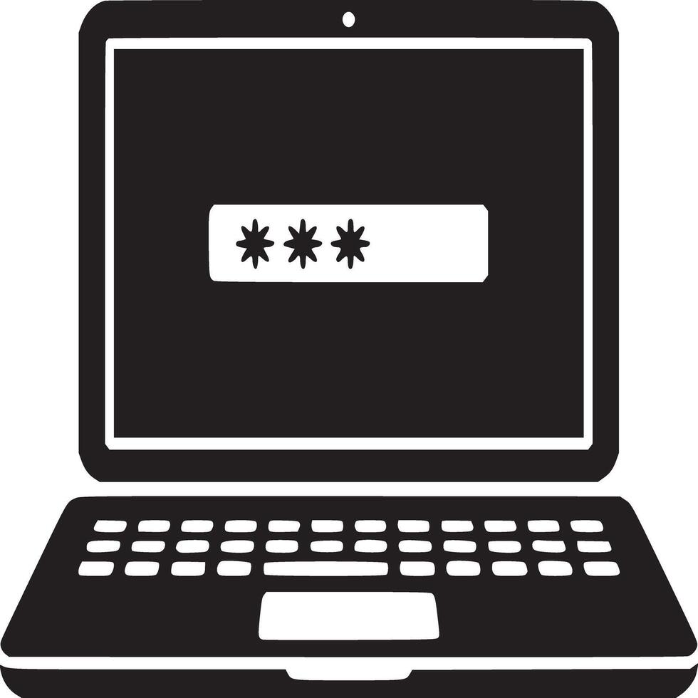 A black and white illustration of a laptop with a password field displayed on the screen image vector