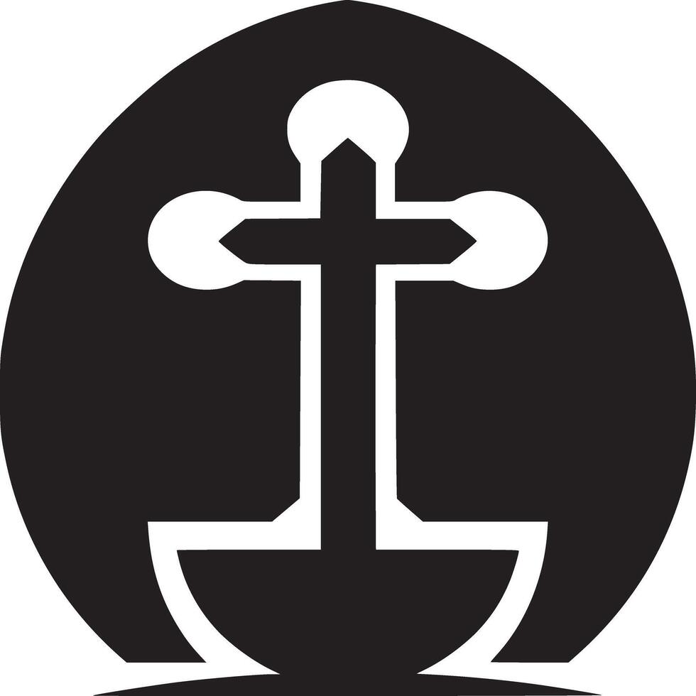 Black and white graphic of a cross with circular elements inside an oval shaped background design vector