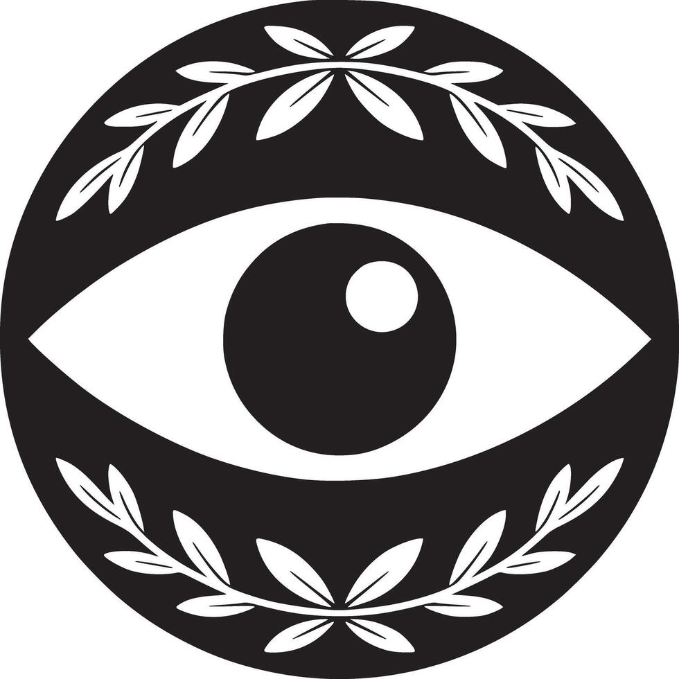 A graphic design of an eye encircled by laurel branches in a black and white color scheme symbol vector