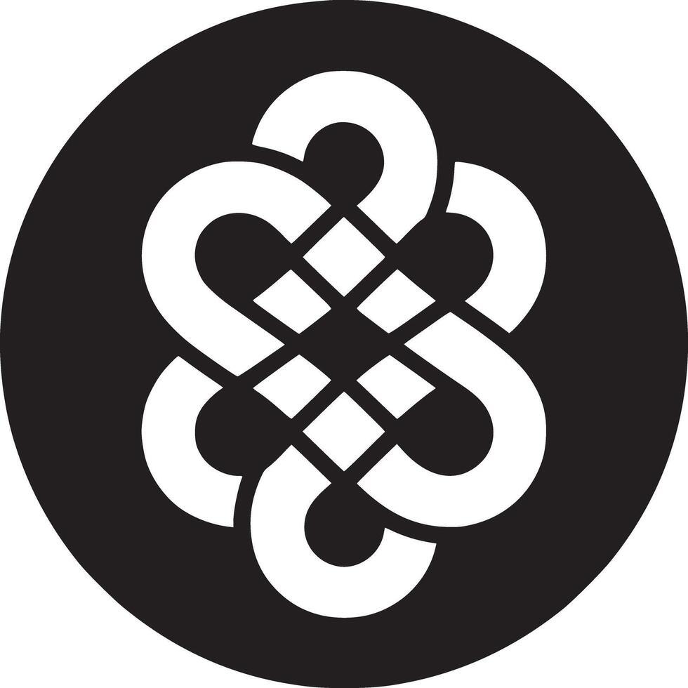 A black circle containing a white endless knot symbol with interwoven loops and square intersections vector