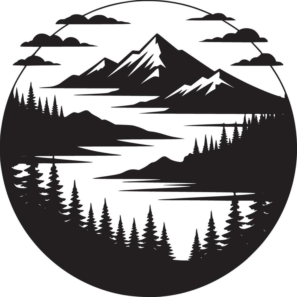 Black and white mountain landscape with lake and trees in a circular design element isolated vector
