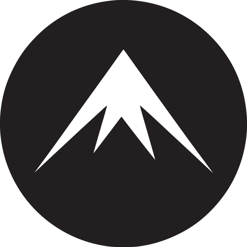 A white mountain peak symbol inside a black circle on a white background simple and minimalist design vector