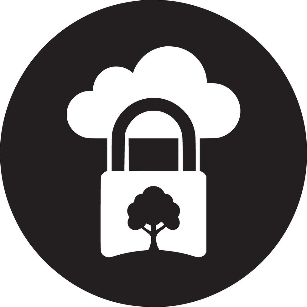 A black circle containing a cloud shaped padlock with a tree inside on a white background vector