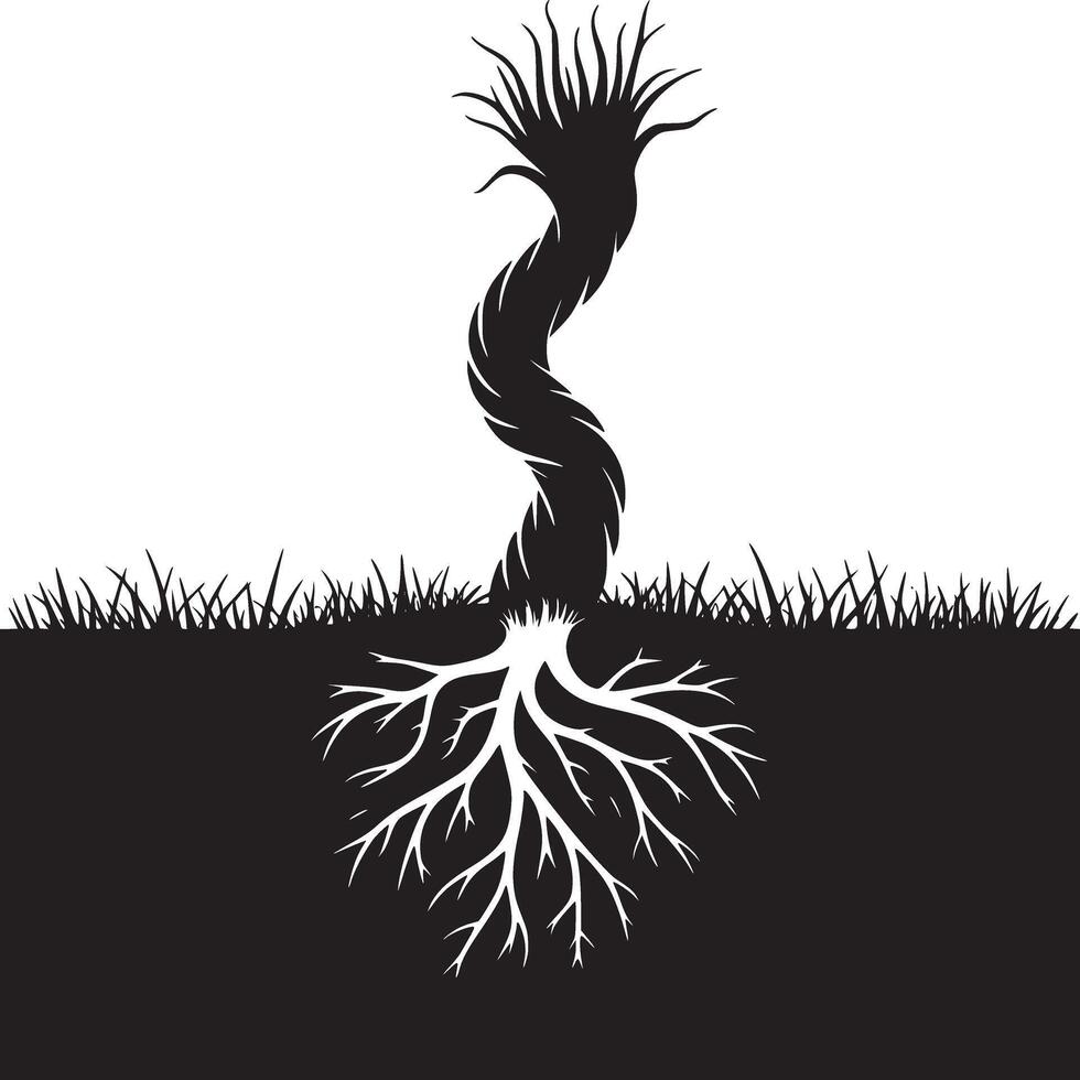 A black and white illustration of a twisted tree trunk with roots and grass in the foreground vector