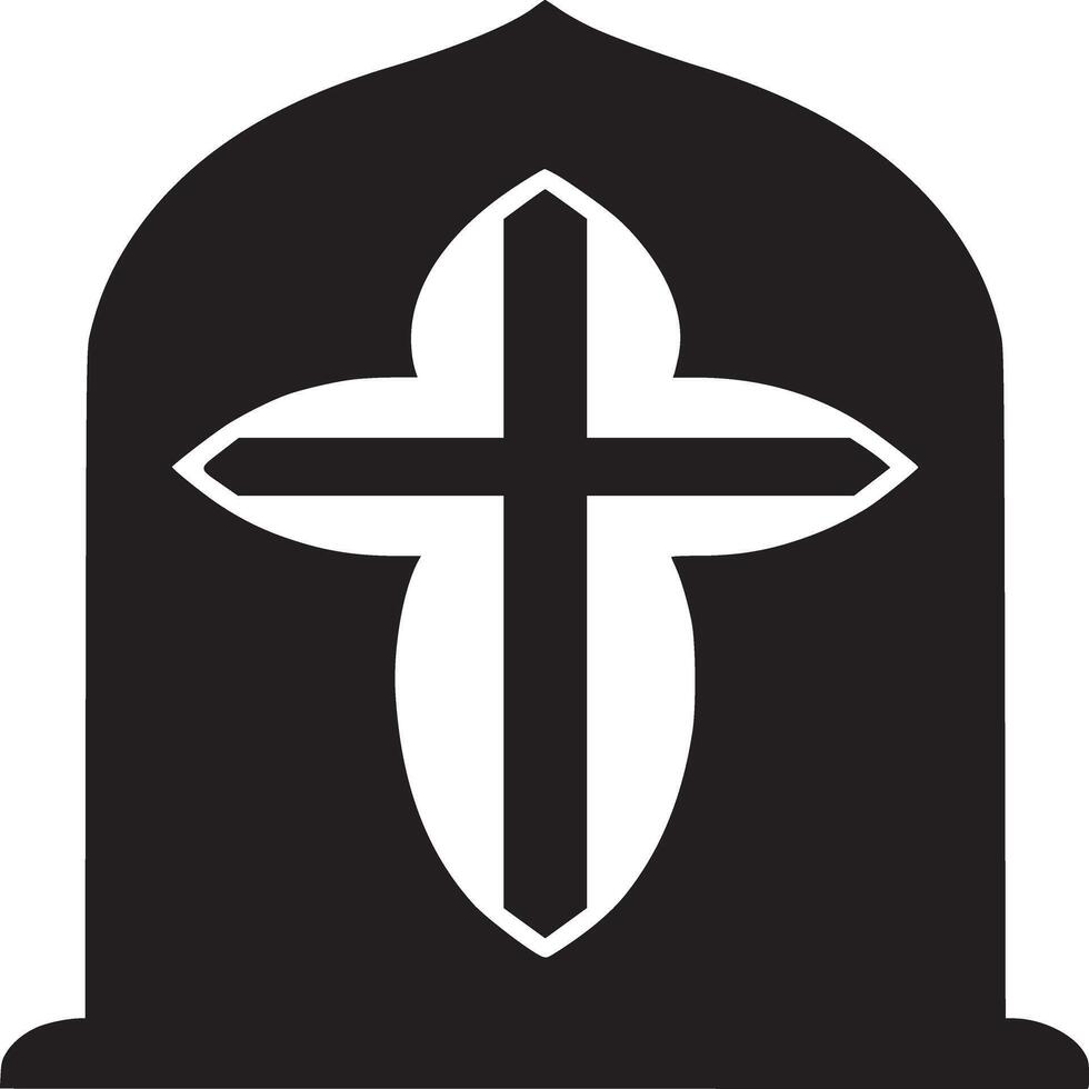 A black tombstone with a white cross in the middle on a white background in a simple illustration vector