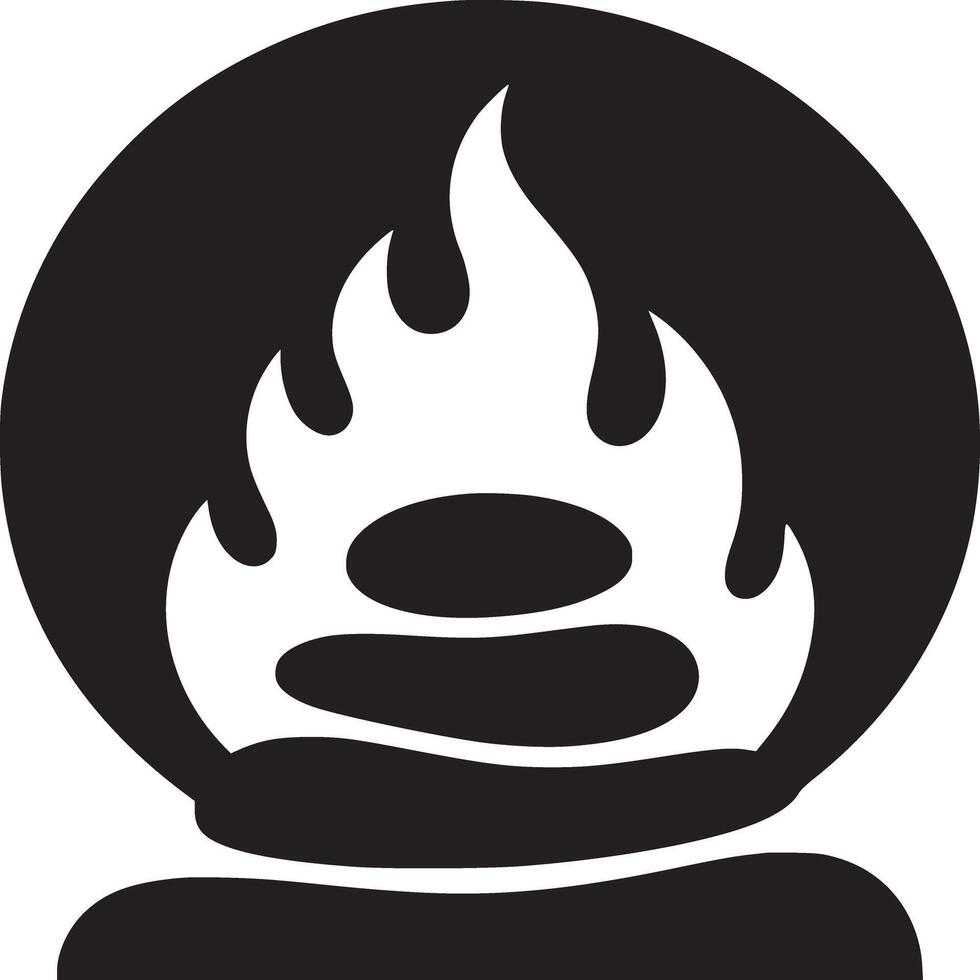 A graphic black and white image of a fire element within a circle on a white background design vector