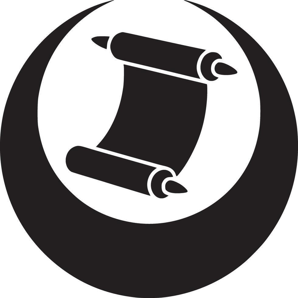 Black and white graphic design featuring a scroll inside of a crescent moon shape illustration vector