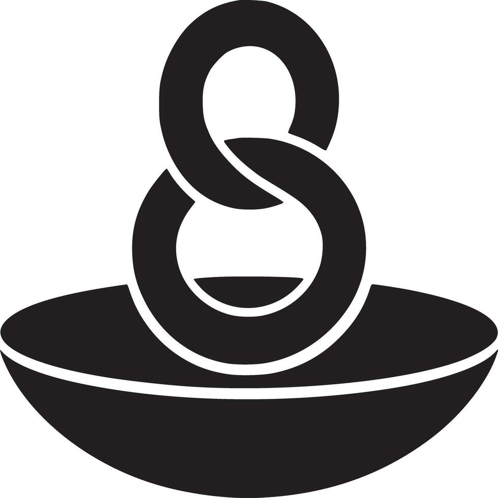 Black and white graphic illustration of two linked circles on top of a bowl shaped object design vector