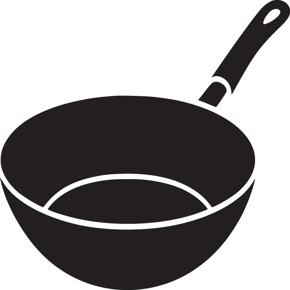 A black and white graphic illustration of a wok with a handle on a white background surface vector