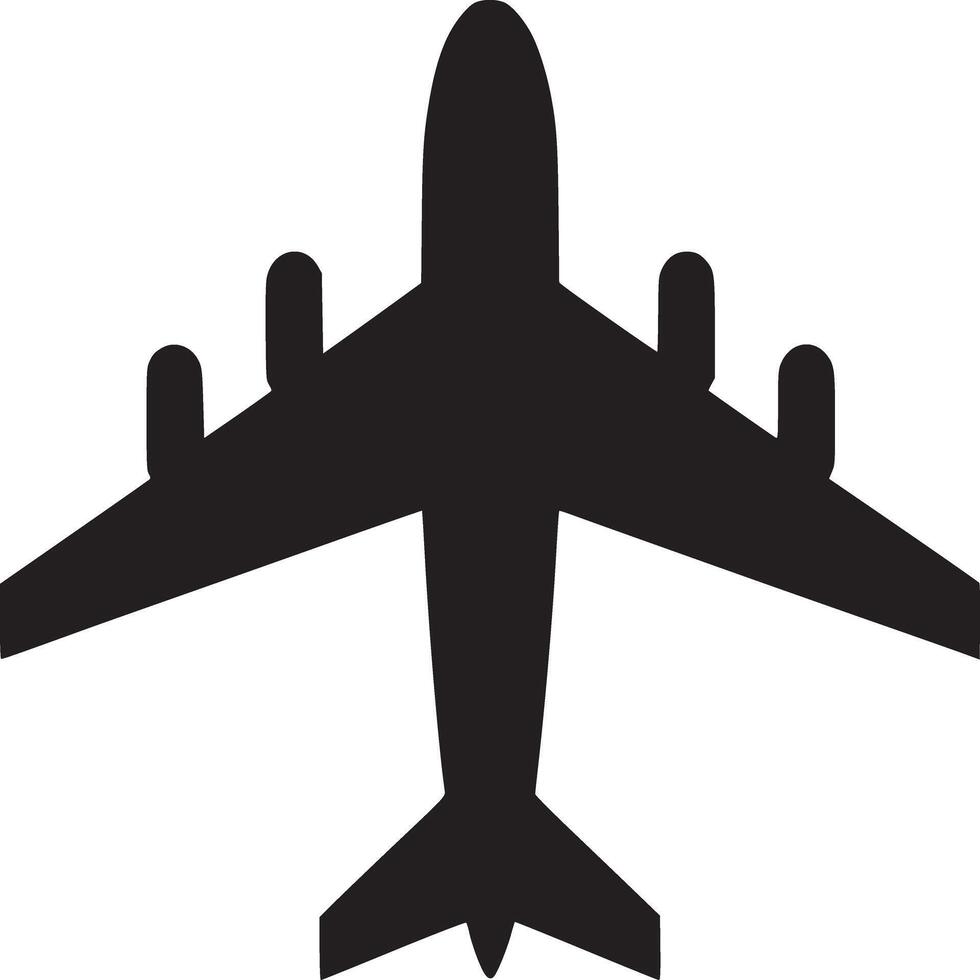 A top down view of a black airplane silhouette with four engines on a white background plain icon vector