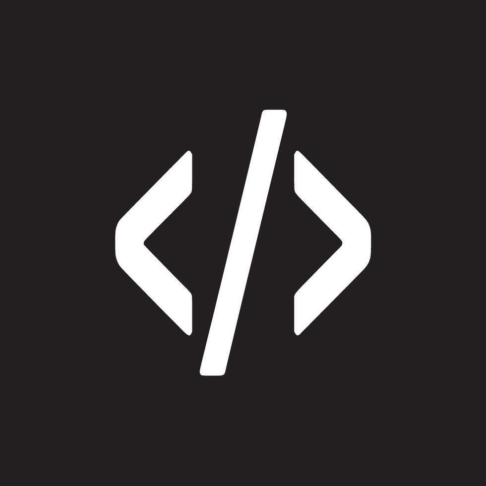 A white code symbol consisting of brackets and a slash on a black background in a centered position vector