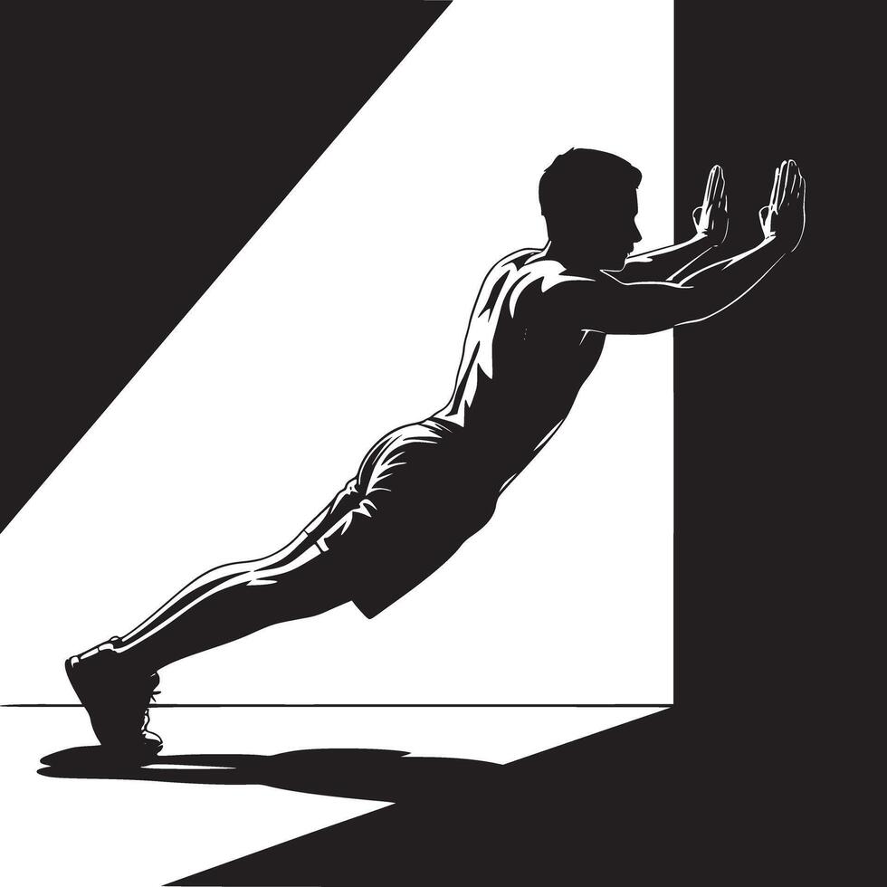 Silhouette of a man doing a wall push up exercise in a high contrast black and white setting indoors vector