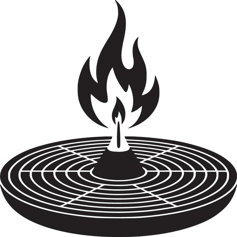 Black and white graphic of a flame rising from a circular grid pattern on a white background design art vector