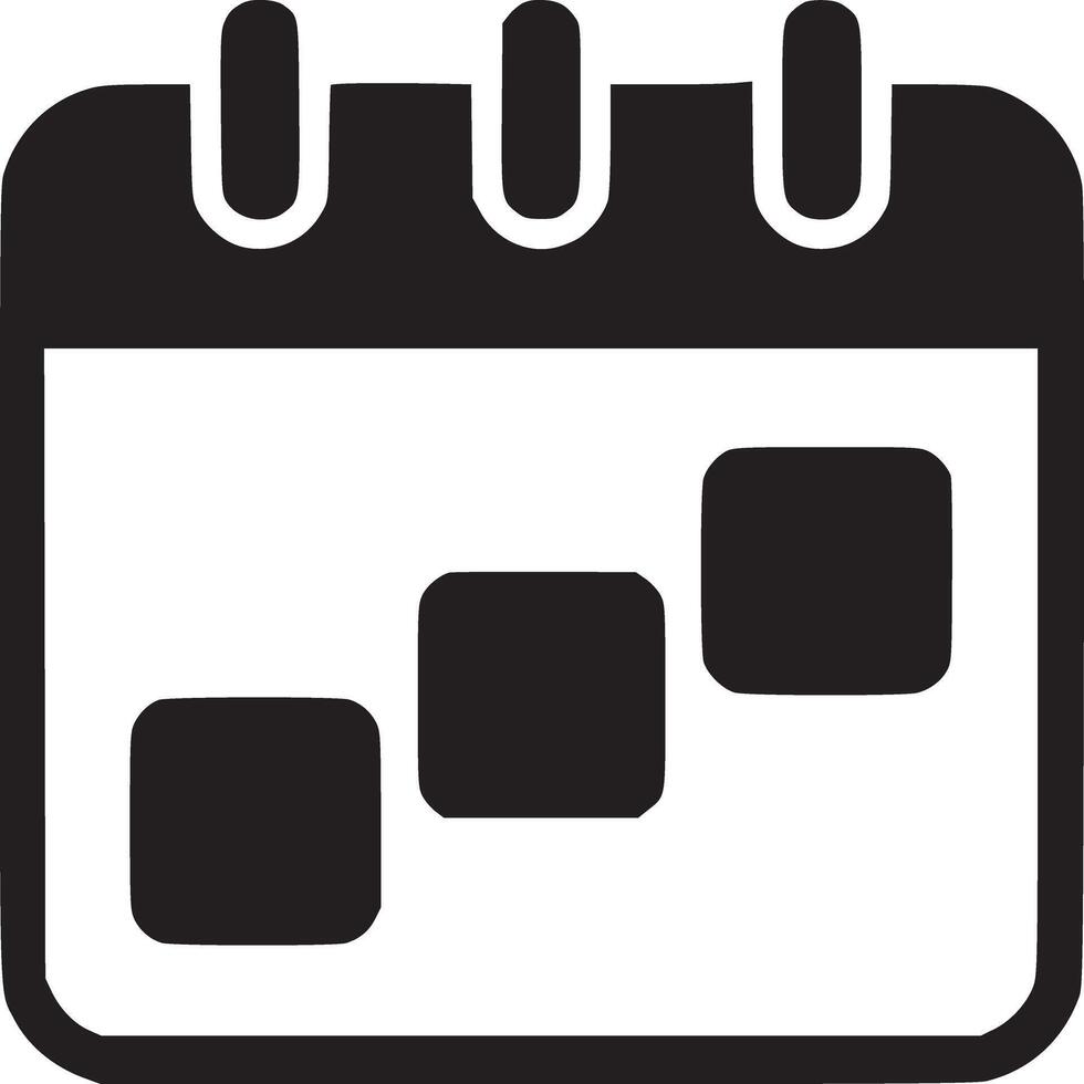 A black and white calendar icon with three squares arranged diagonally from left to right inside it vector