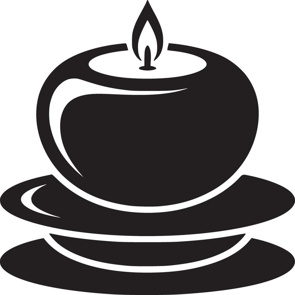 Black and white graphic illustration of a candle on a stack of plates with a flame on top vector